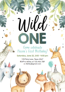 Birthday Invitation Safari Animals Party Hats Boy Wild One Vertical design preview