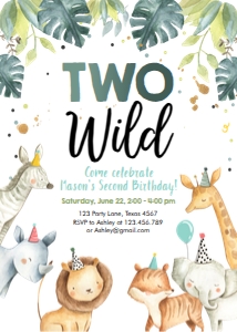 Birthday Invitation Safari Animals Party Hats Boy Two Wild Vertical: Birthday Invitation Safari Animals Party Hats Boy Two Wild Vertical