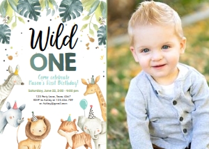 Birthday Invitation Safari Animals Party Hats Boy Wild One Vertical Photo design preview