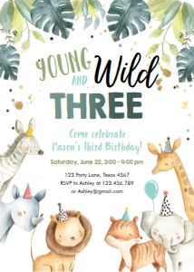 Birthday Invitation Safari Animals Party Hats Boy Young Wild and Three Vertical design preview
