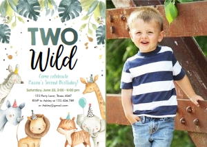 Birthday Invitation Safari Animals Party Hats Boy Two Wild Vertical Photo design preview