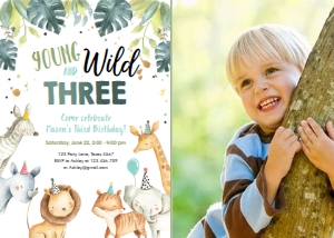 Birthday Invitation Safari Animals Party Hats Boy Young Wild and Three Vertical Photo design preview