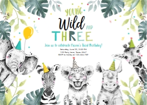 Birthday Invitation Wild Three Animals Black and White Boy Horizontal design preview