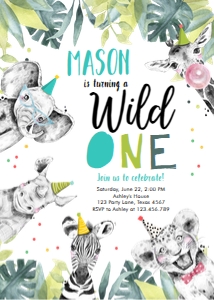 Birthday Invitation Wild One Animals Black and White Boy Vertical design preview