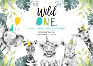 Birthday Invitation Wild One Animals Black and White Boy Horizontal design preview