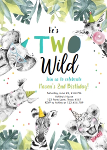 Birthday Invitation Two Wild Animals Black and White Boy Vertical design preview