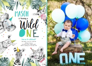 Birthday Invitation Wild One Animals Black and White Boy Vertical Photo design preview