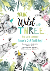 Birthday Invitation Wild Three Animals Black and White Boy Vertical design preview