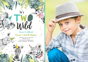 Birthday Invitation Two Wild Animals Black and White Boy Vertical Photo design preview