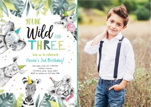 Birthday Invitation Wild Three Animals Black and White Boy Vertical Photo design preview