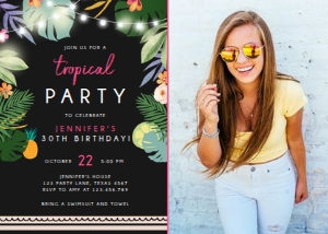 Birthday Invitation Tropical Pink Black Photo design preview