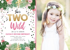 Birthday Invitation Tropical Safari She's Two Wild Girl Photo design preview