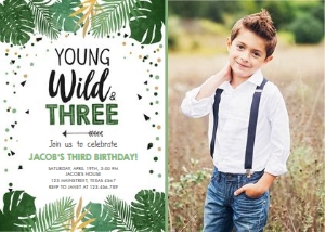 Birthday Invitation Tropical Safari Young Wild and Three Photo design preview