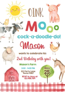 Birthday Invitation Farm Animals Sun Red Vertical design preview
