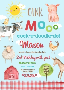 Birthday Invitation Farm Animals Sun Red Blue Vertical design preview