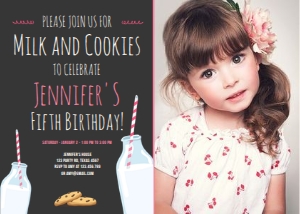 Birthday Invitation Milk and Cookies Chalk Girl Pink Photo design preview