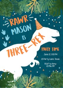 Birthday Invitation Navy White T-Rex Dinosaur Three-Rex design preview