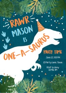 Birthday Invitation Navy White T-Rex Dinosaur One-A-Saurus design preview