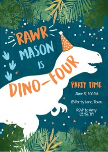 Birthday Invitation Navy White T-Rex Dinosaur Dino Four design preview
