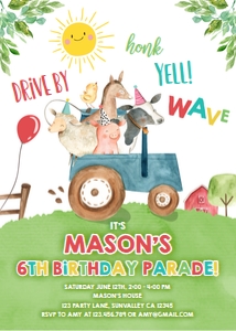 Birthday Invitation Farm Animals Drive By Boy White: Birthday Invitation Farm Animals Drive By Boy White
