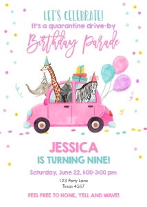 Birthday Invitation Drive By Pink Balloons Party Animals design preview