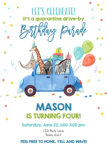 Birthday Invitation Drive By Blue Balloons Party Animals design preview