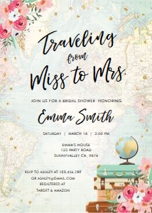 Bridal Shower Invitation Traveling Miss to Mrs Vertical Pink Map design preview
