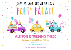 Birthday Invitation Drive By Pink Yellow Balloons Part Hats design preview