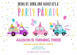 Birthday Invitation Drive By Pink Balloons Part Hats design preview