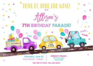 Birthday Invitation Drive By Pink Yellow Balloons Horizontal design preview