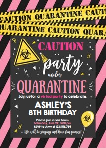 Birthday Invitation Caution Quarantine Yellow Pink design preview