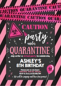 Birthday Invitation Caution Quarantine Pink design preview