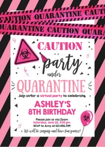 Birthday Invitation Caution Quarantine Pink White design preview