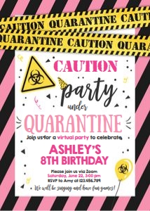 Birthday Invitation Caution Quarantine Yellow Pink White design preview