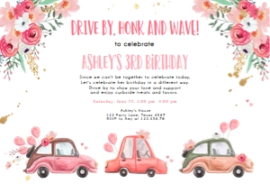 Birthday Invitation Drive By Pink Floral Cars Horizontal design preview