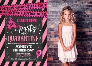 Birthday Invitation Caution Quarantine Pink Black Photo design preview