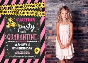Birthday Invitation Caution Quarantine Yellow Pink Black Photo design preview