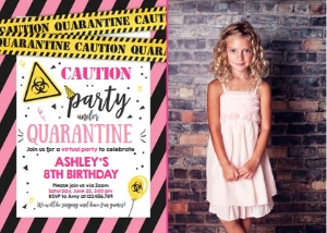 Birthday Invitation Caution Quarantine Yellow Pink White Photo design preview