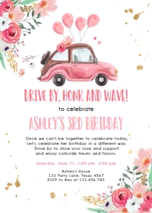 Birthday Invitation Drive By Pink Floral Car Vertical design preview