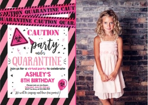 Birthday Invitation Caution Quarantine Pink White Photo design preview