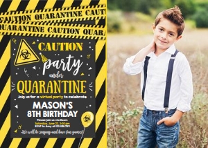 Birthday Invitation Caution Quarantine Yellow Black Photo design preview