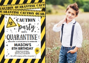 Birthday Invitation Caution Quarantine Yellow White Photo design preview