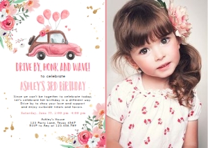 Birthday Invitation Drive By Pink Floral Car Vertical Photo design preview