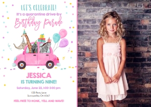 Birthday Invitation Drive By Pink Balloons Party Animals Photo design preview