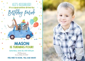 Birthday Invitation Drive By Blue Balloons Party Animals Photo design preview