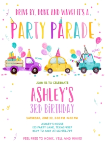 Birthday Invitation Drive By Pink Yellow Balloons Part Hats Vertical design preview