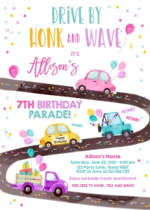 Birthday Invitation Drive By Road Vertical Yellow Pink design preview