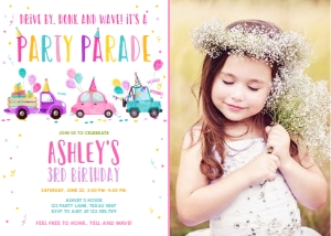 Birthday Invitation Drive By Pink Balloons Part Hats Vertical Photo design preview