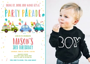 Birthday Invitation Drive By Blue Balloons Part Hats Vertical Photo design preview