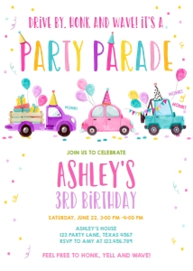 Birthday Invitation Drive By Pink Balloons Part Hats Vertical design preview
